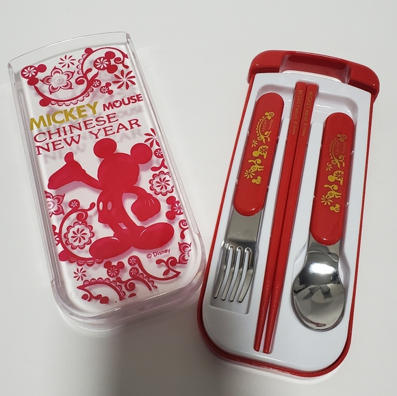 Disney Mickey Mouse Chinese New Year Chopstick Set Fork Spoon Stainless Steel - Picture 1 of 8